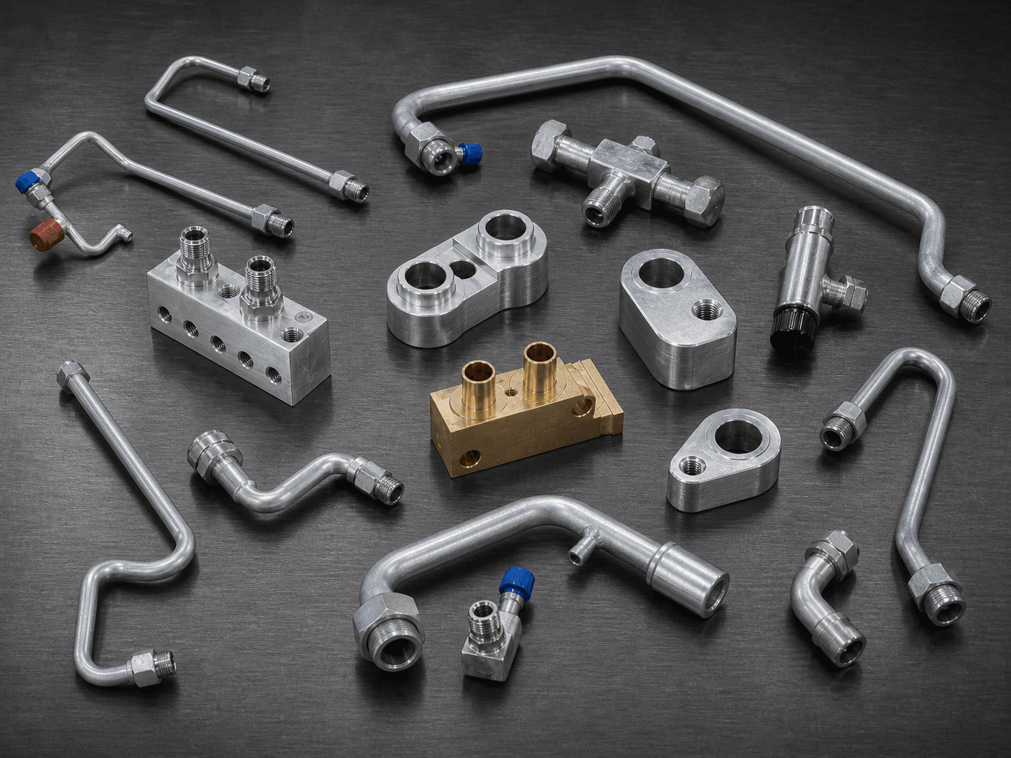 Specialty fittings, ports, machined components, hoses, and hook-up hardware arranged on a workbench