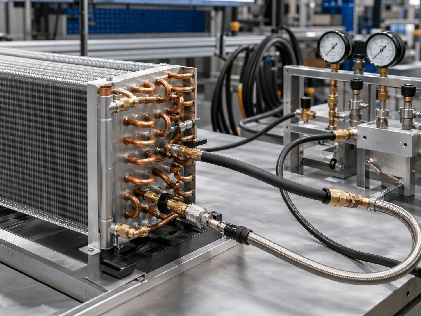 HVAC coil connected to leak testing hoses and gauges on an inspection bench