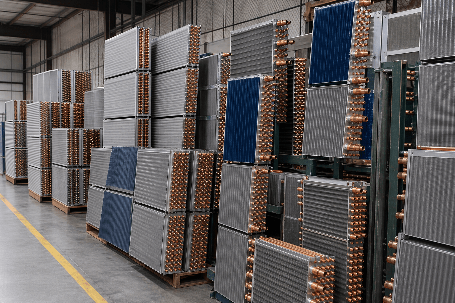 Rows of finished heat exchanger coils staged inside the Texas Coil shop